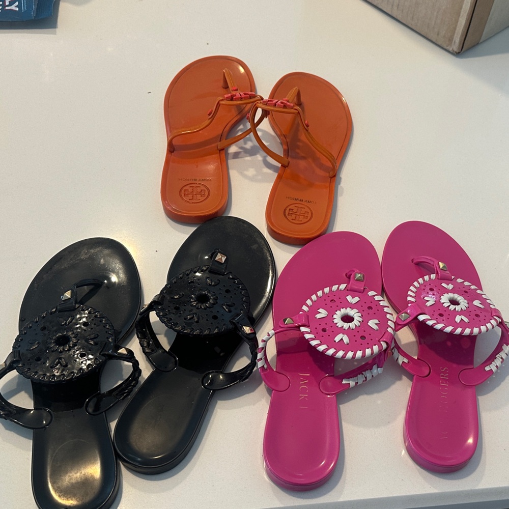 Tory Burch jelly Orange Jack Roger’s Black Pink jelly Flip Flops Sandals 3 pair